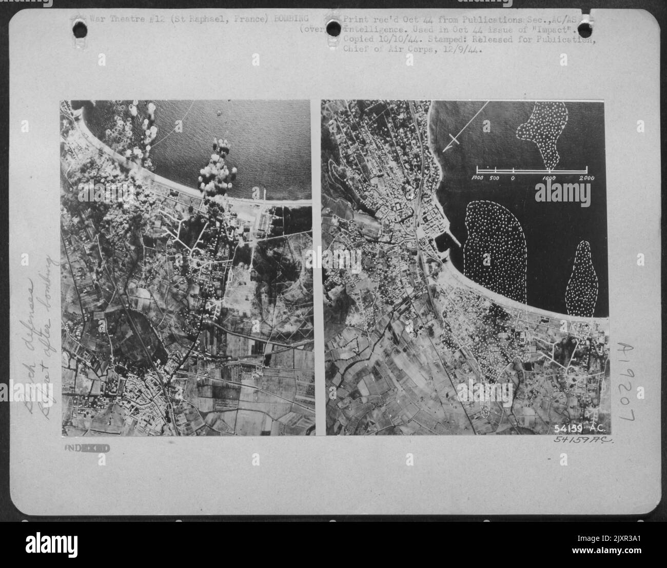 (left) Vertical of St. Raphael, France shows start of DDay bombardment