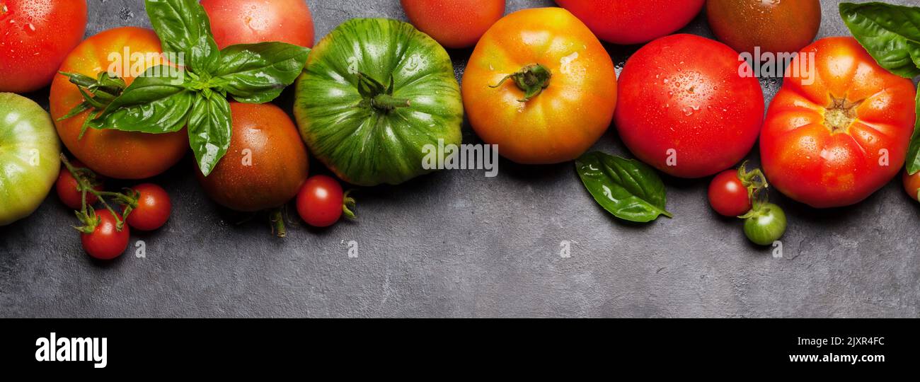 Fresh garden colorful tomatoes and basil leaves on stone kitchen table ...