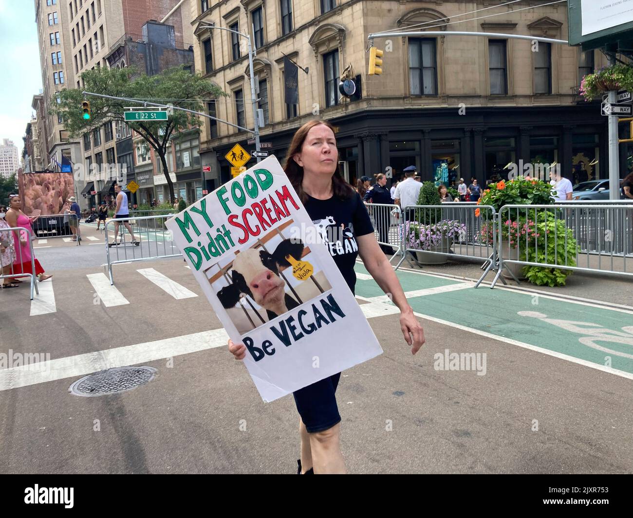 Animal Rights advocates, from anti-carriage horse activists to vegans, and everyone in between, gather in Flatiron Plaza in New york for the Animal Rights March on Saturday, August 27, 2021.  (© Frances M. roberts) Stock Photo