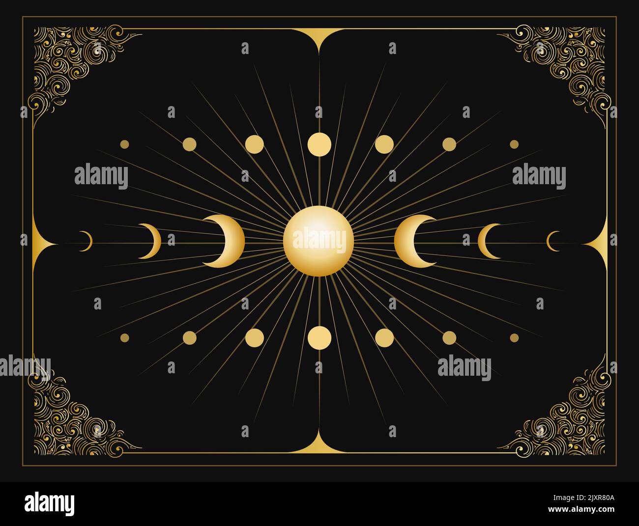 Moon Phases Medieval Esoteric Emblem. Vector Illustration on Black Background Stock Vector