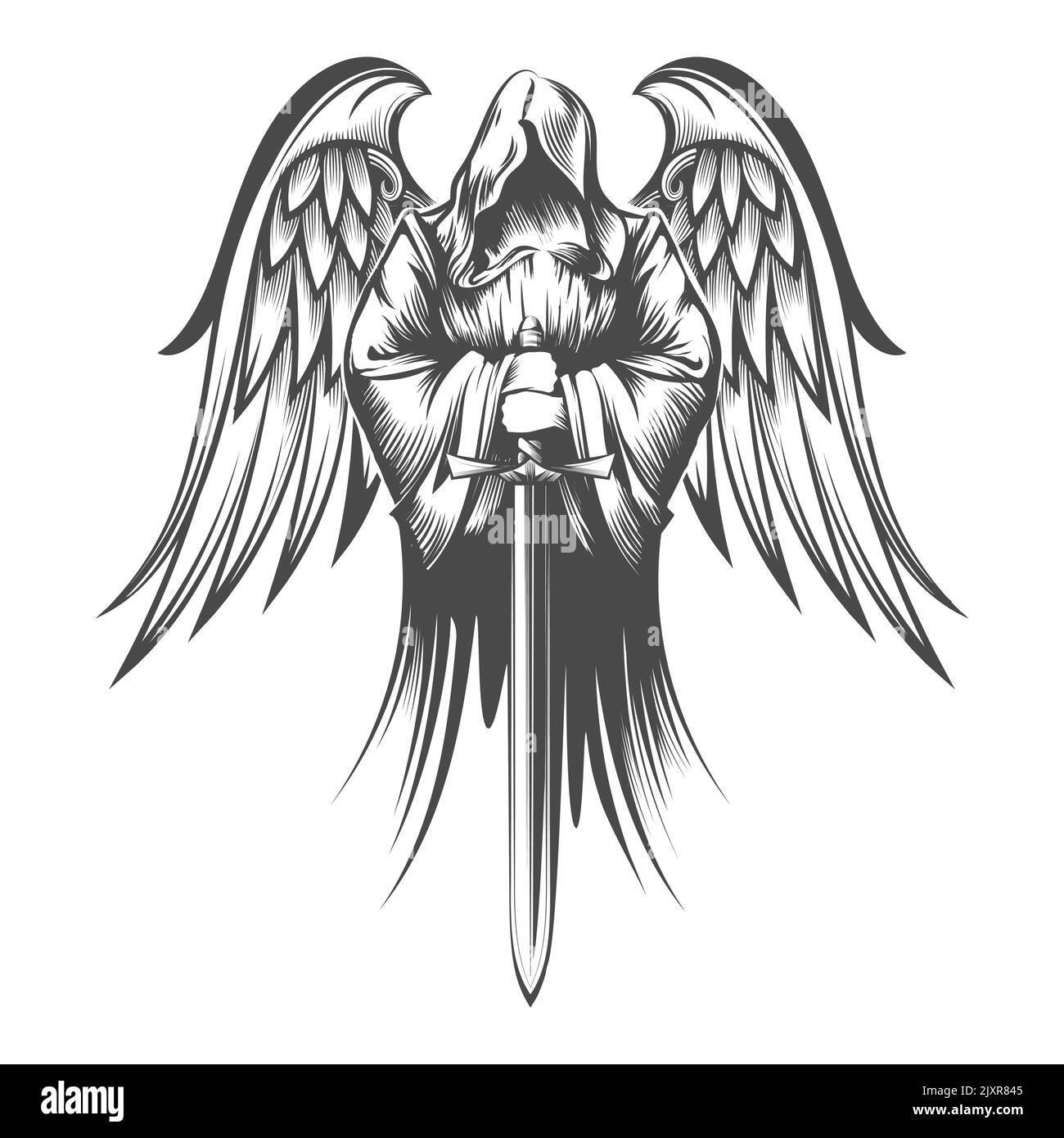 Angel with Wings Holds Sword. Engraving Tattoo isolated on white. Vector illustration. Stock Vector