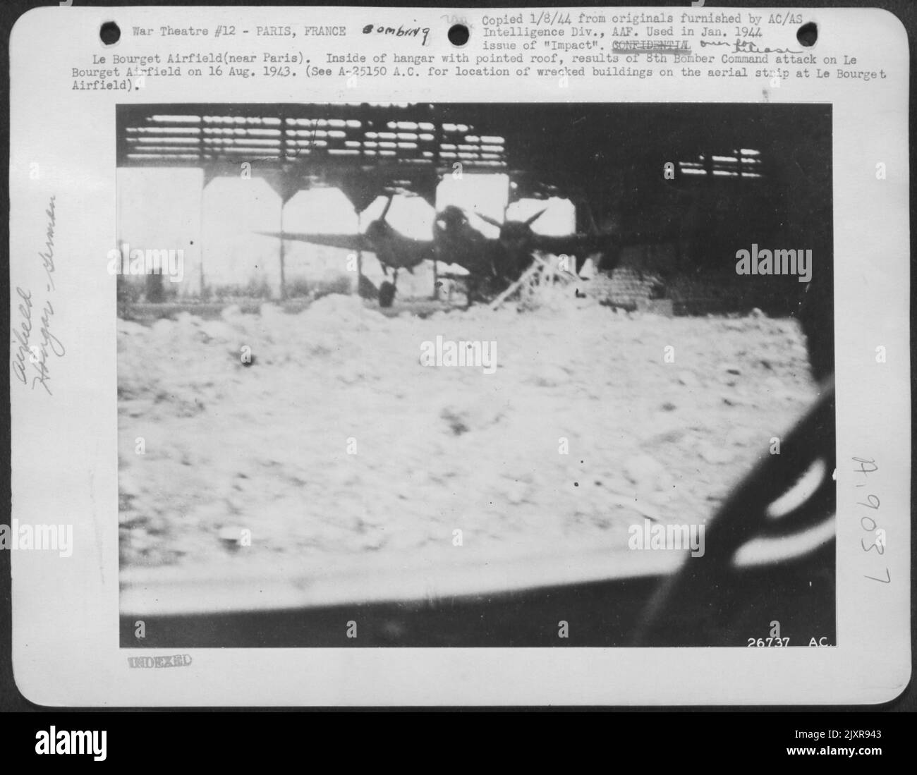 Le Bourget Airfield (near Paris). Inside of hangar with pointed roof