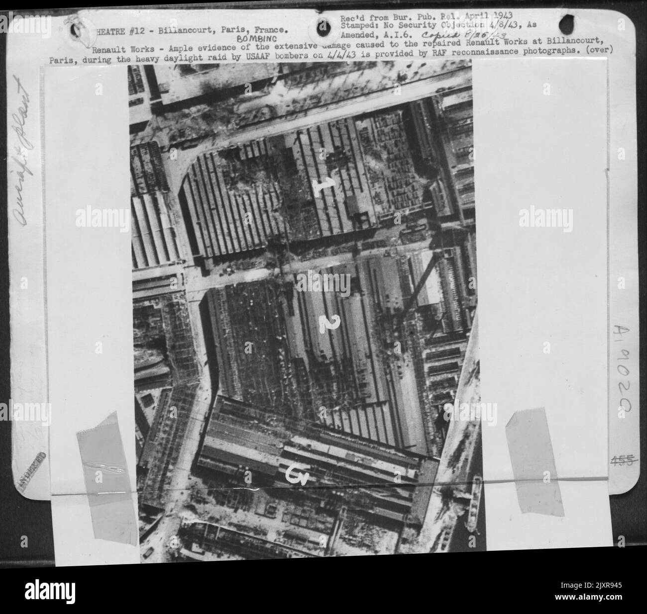 Renault Works-Ample evidence of the extensive damage caused to the repaired Renault Works at Billancourt, Paris, during the heavy daylight raid by USAAF bombers on 4/4/43 is provided by RAF reconnaissance photographs. There is very severe damage in Stock Photo