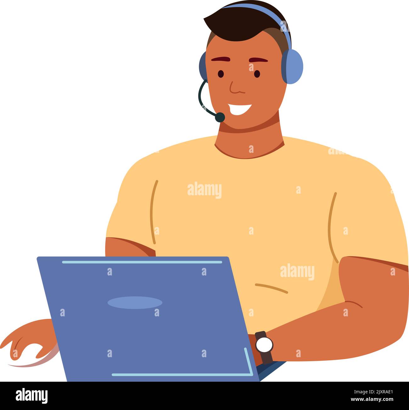 Black man in headset working on laptop. Freelancer character isolated ...