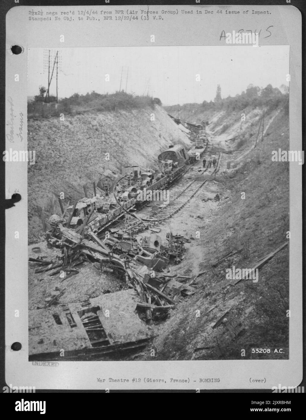 German troop train met five 8th Air Force P-47s on curve at Gisors, France. Stock Photo