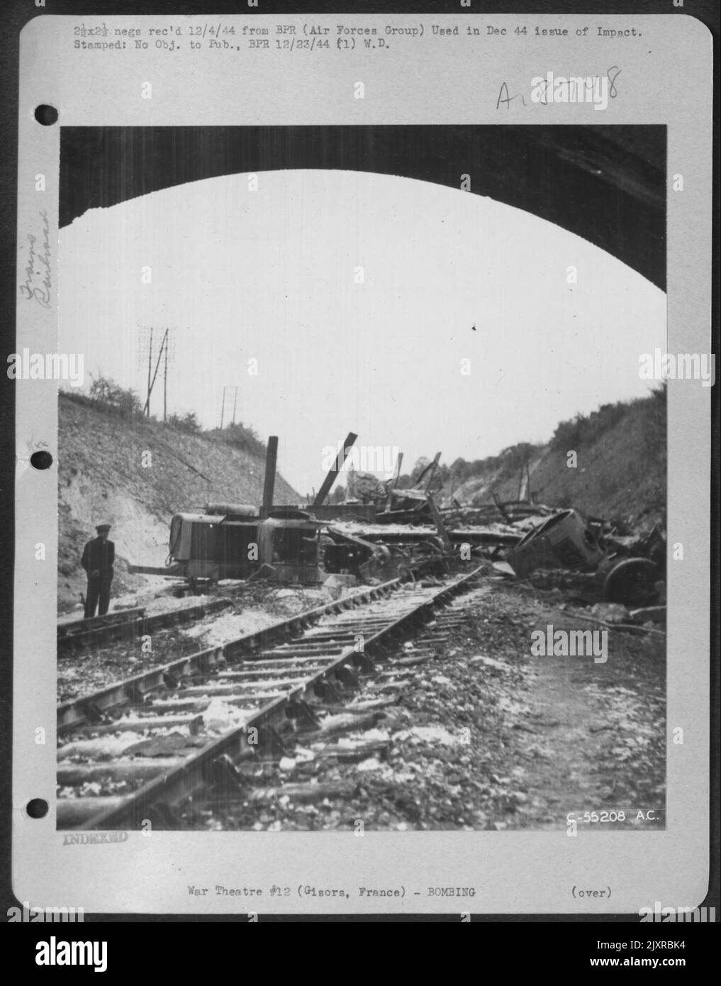 Gisors, France-German troop train demolished by 8th AF P-47s. Note searchlights. Stock Photo