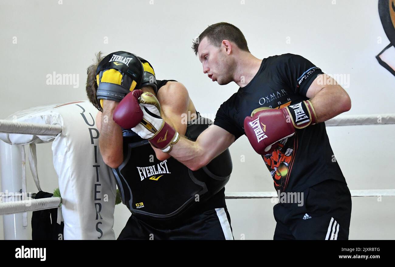 Boxer Jeff Horn (right) is seen sparing with his trainer Glenn Rushton  (left) during a training session at Stretton Boxing Club in Brisbane,  Tuesday, November 27, 2018. Horn who is the former