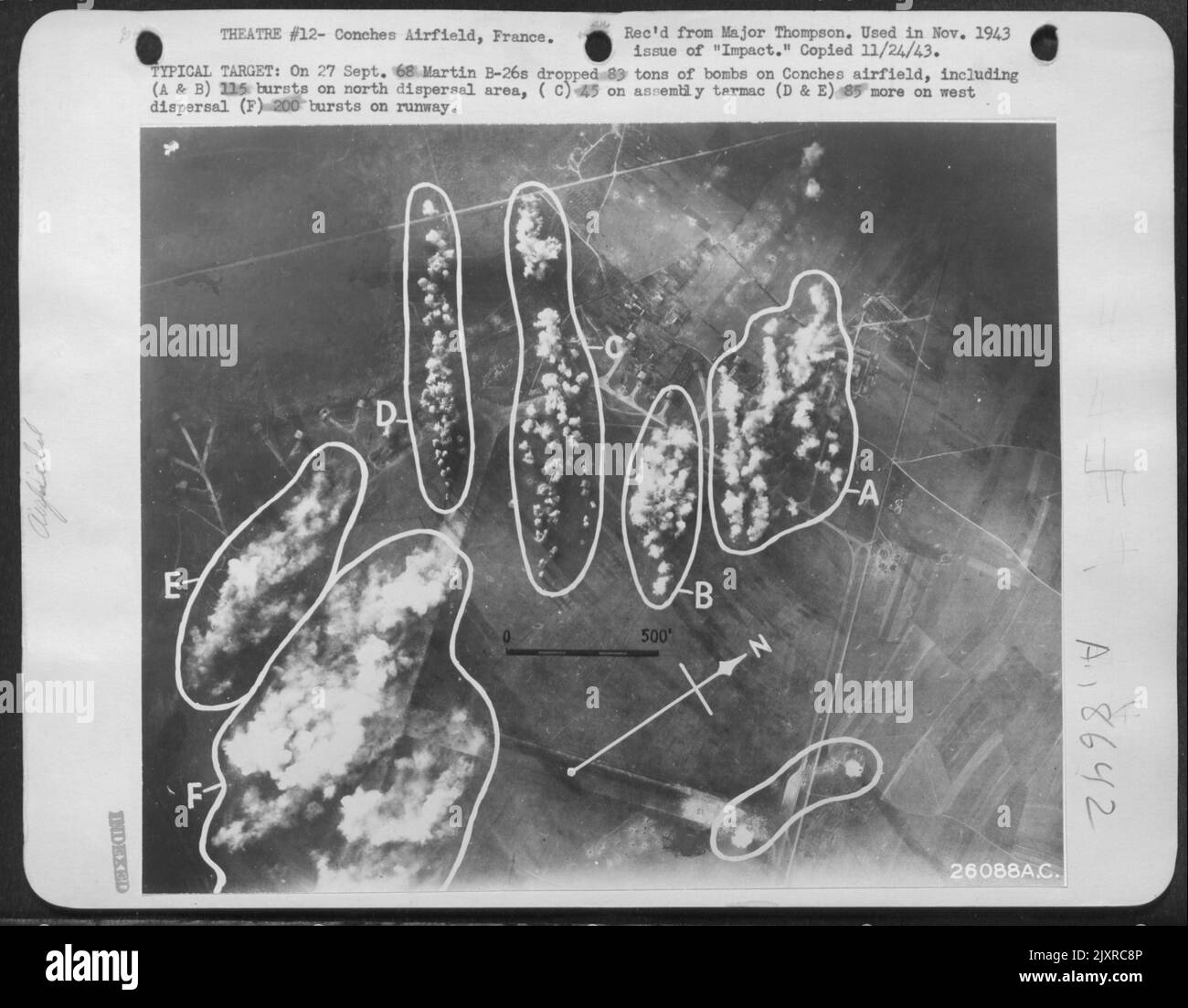 TYPICAL TARGET: On 27 Sept. 68 Martin B-26s dropped 83 tons of bombs on Conches airfield, including (A & B) 115 bursts on north dispersal area, (C) 45 on assembly tarmac (D & E) 85 more on west dispersal (F) 200 bursts on runway. Stock Photo