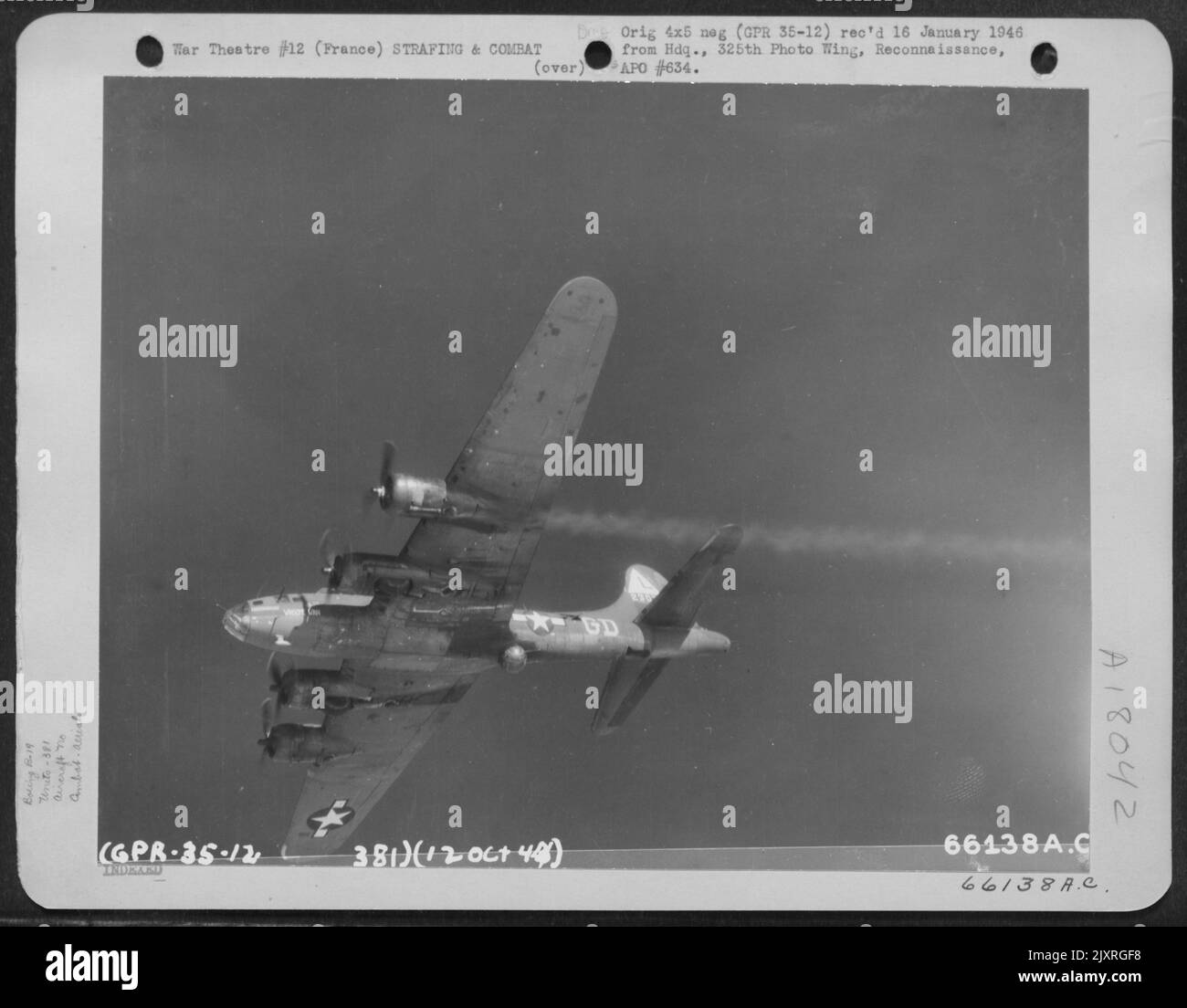 Boeing B-17 'Flying Fortress' 'Winsome Winn' (Aircraft No. 23078) Of The 381St Bomb Group, Going Down Over France, 12 October 1944. Stock Photo