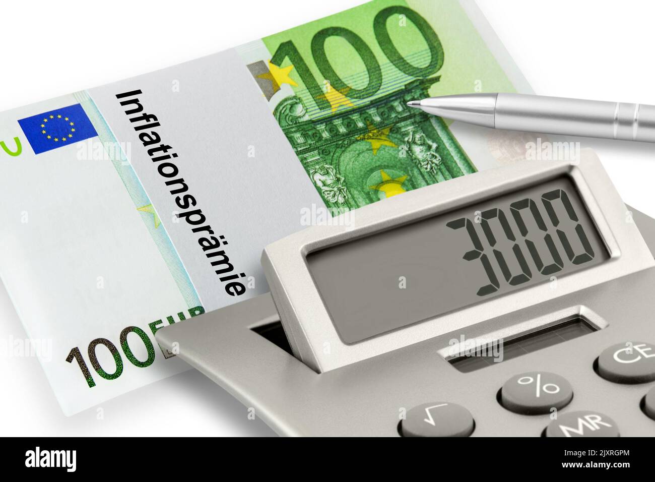 3000 Euro und Inflationsprämie mit Rechner auf weissem Hintergrund Stock Photo