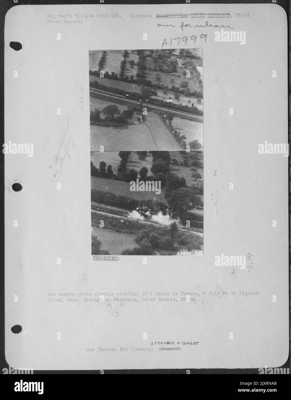 Gun camera photo showing strafing of a train in France, 6 July 44 by