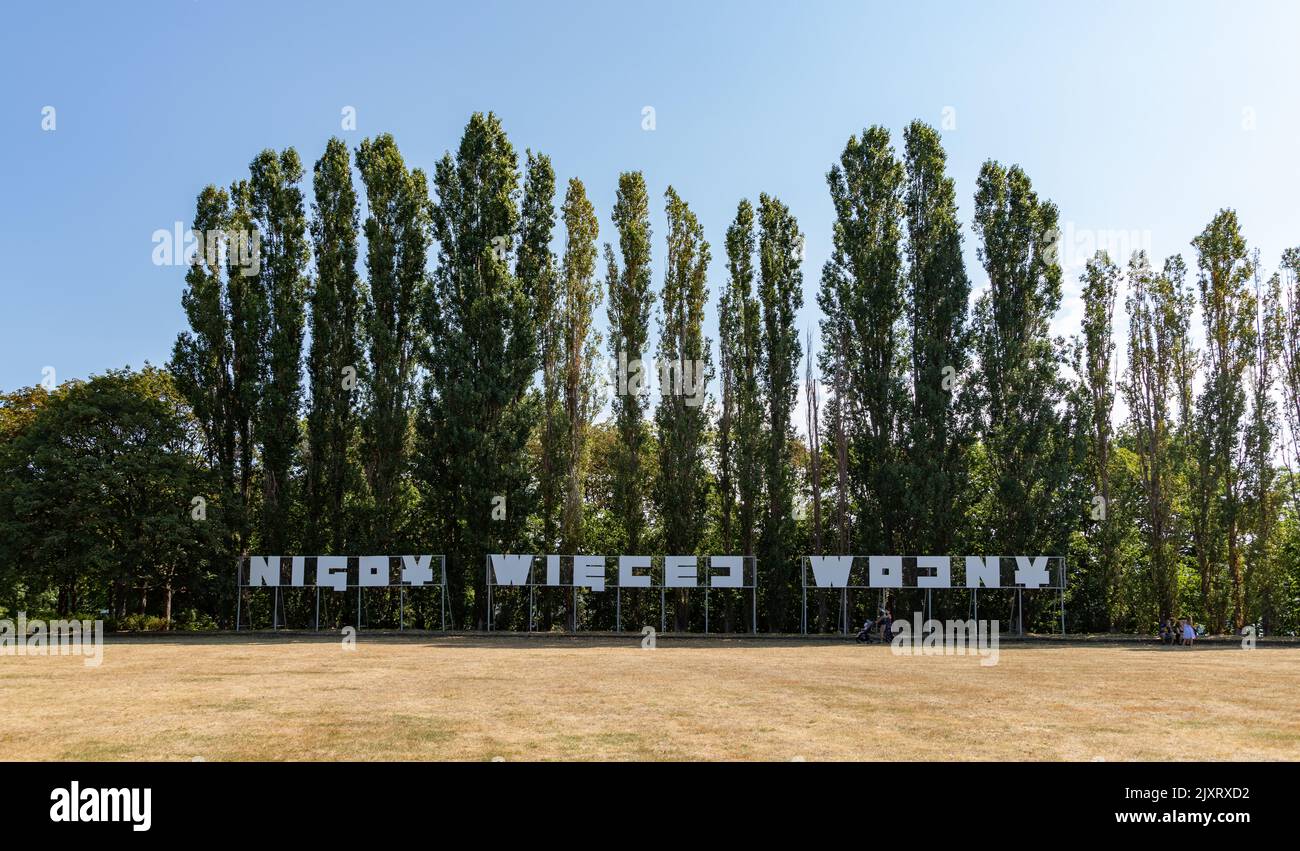 A picture of the Polish sign that reads as 'No More War' in Westerplatte. Stock Photo