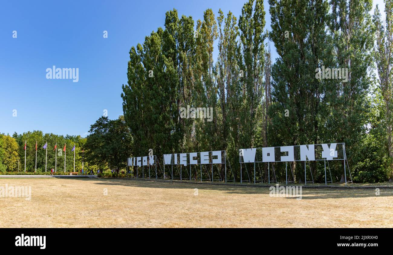 A picture of the Polish sign that reads as 'No More War' in Westerplatte. Stock Photo