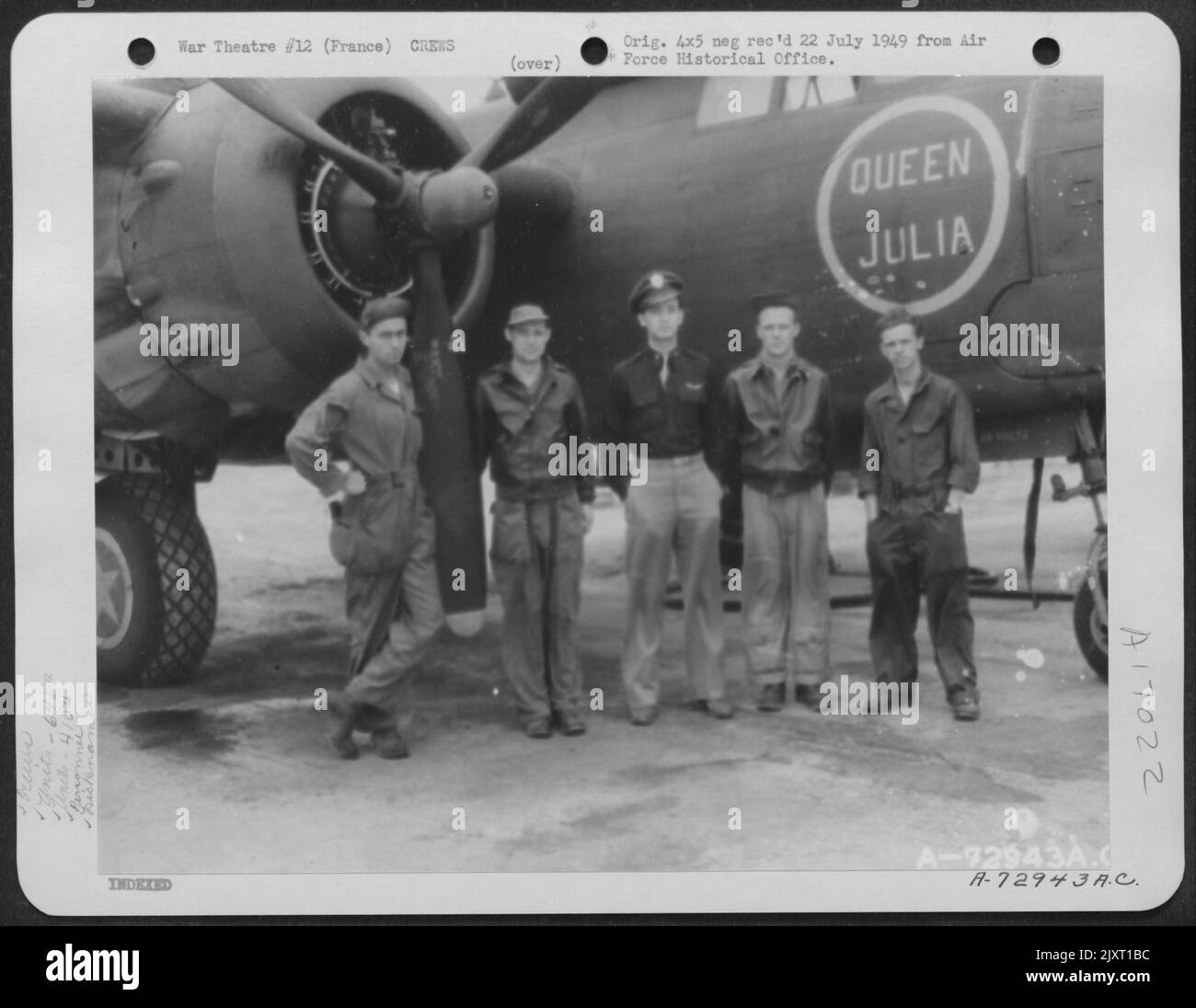 Lt. Bickley And Crew Of The 646Th Bomb Squadron, 410Th Bomb Group Pose Beside A Douglas A-20 'Queen Julia' At A 9Th Air Force Base In France. Stock Photo