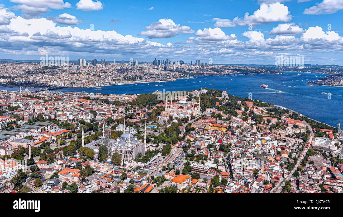 Istanbul Aerial View in Turkey 6K Several landmarks inc famous Hagia Sophia Grand Mosque, The Blue Mosque - Sultan Ahmed, Topkapi Palace Museum Stock Photo