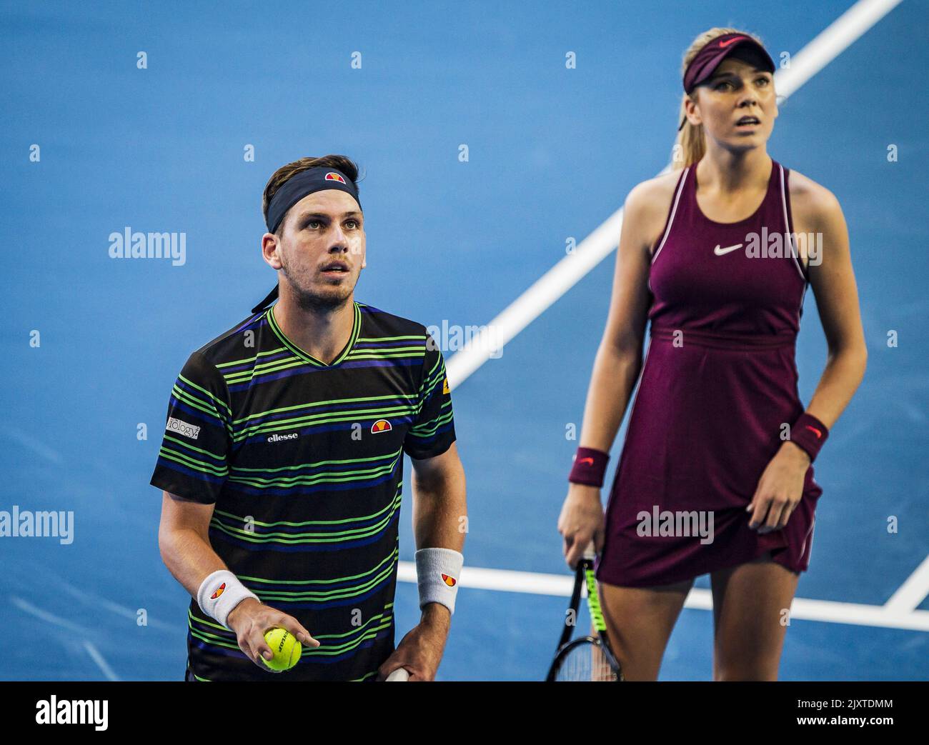 Cameron Norrie and Katie Boulter of Great Britain watch a replay during the mixed doubles match between Great Britain and Greece on day 1 of the Hopman Cup tennis tournament at RAC