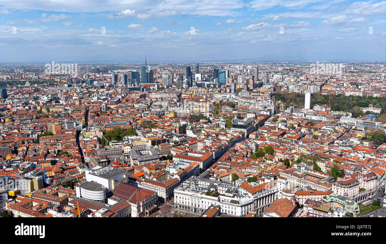 Aerial view of new Milan skyline, Italy. Panorama of Milano city with Porta Nuova futuristic business district. Above drone view of suburb downtown Stock Photo