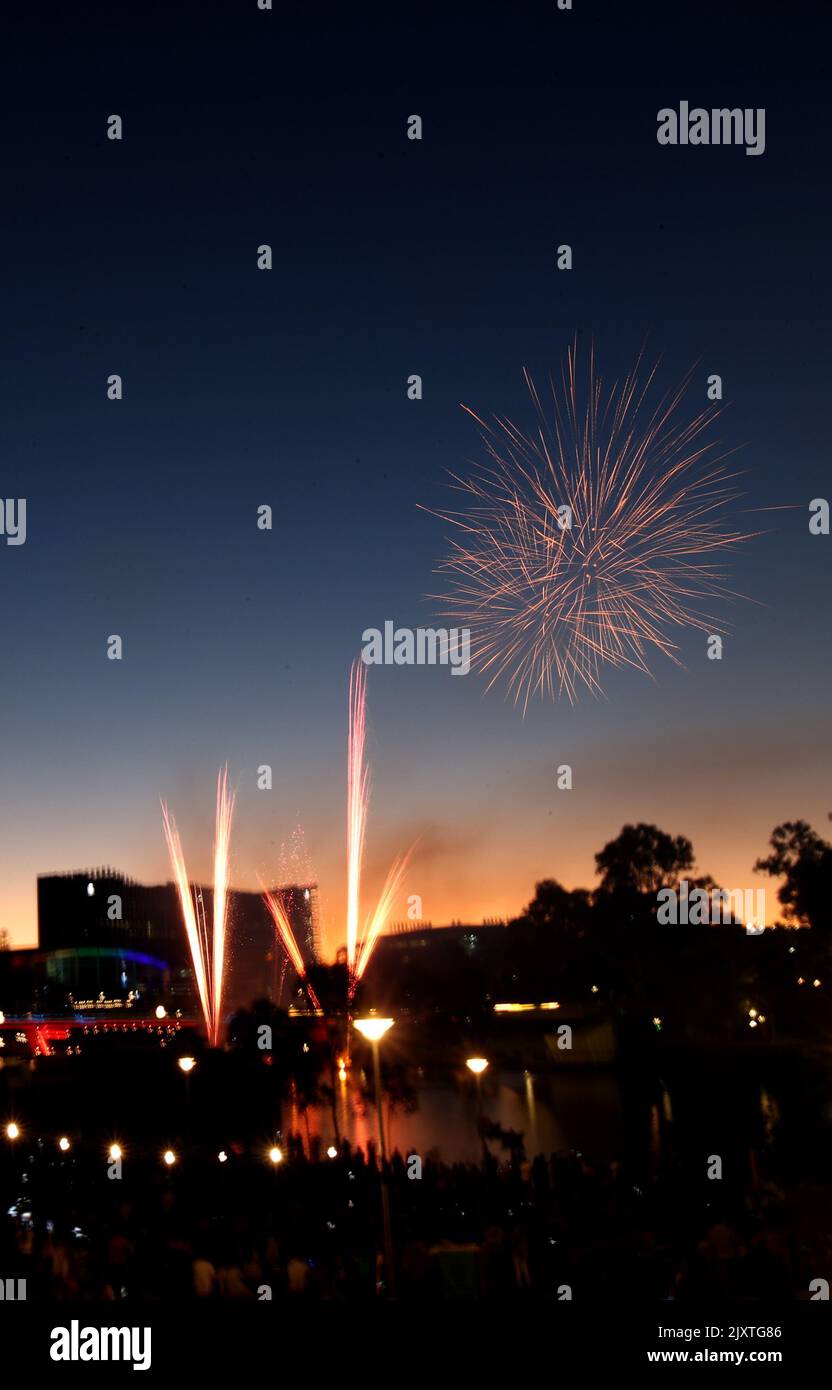 Fireworks are seen over Elder Park during New Year's Eve celebrations