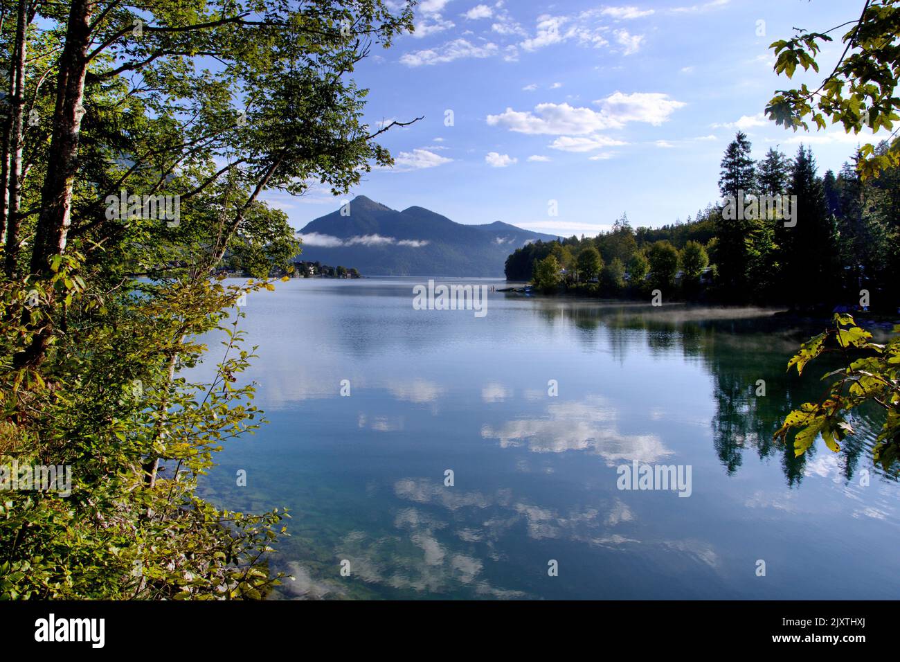 Landscape in Bavaria, lake in front of mountains Stock Photo