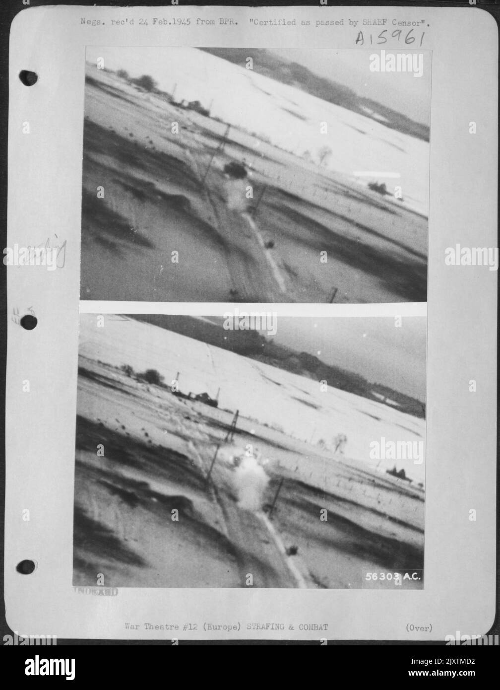 .50 calibre incendiary bullets (indicated by white line and dots) converge on a German ammunition truck (above), setting the vehicle ablaze (below) a few seconds later. 1st Lt. Brandon D. Nuttall, 1319 Walnut St., Shelbyville, Ky., a 19th Tactical Stock Photo