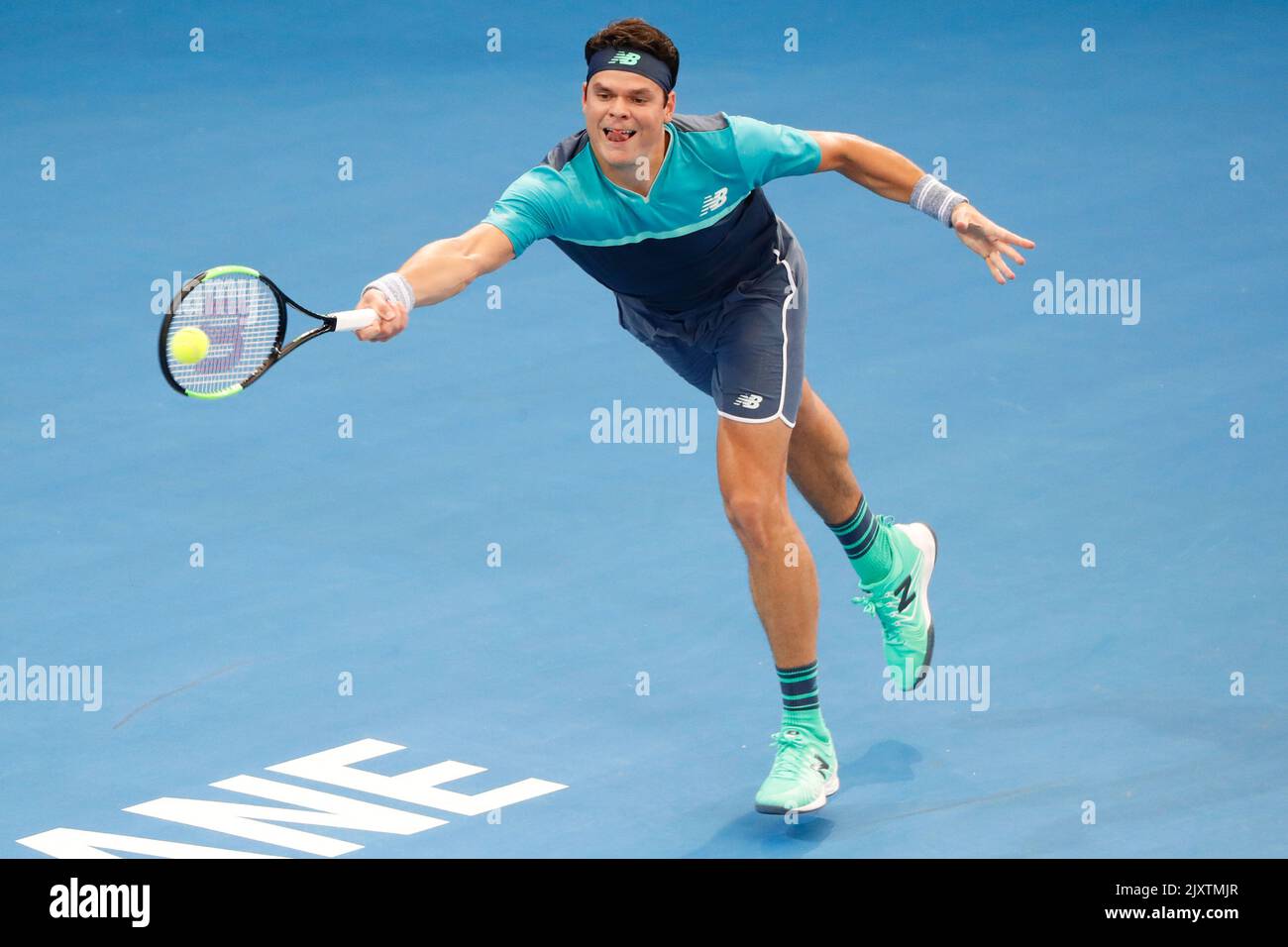 Milos Raonic of Canada in action during his quarterfinal match against