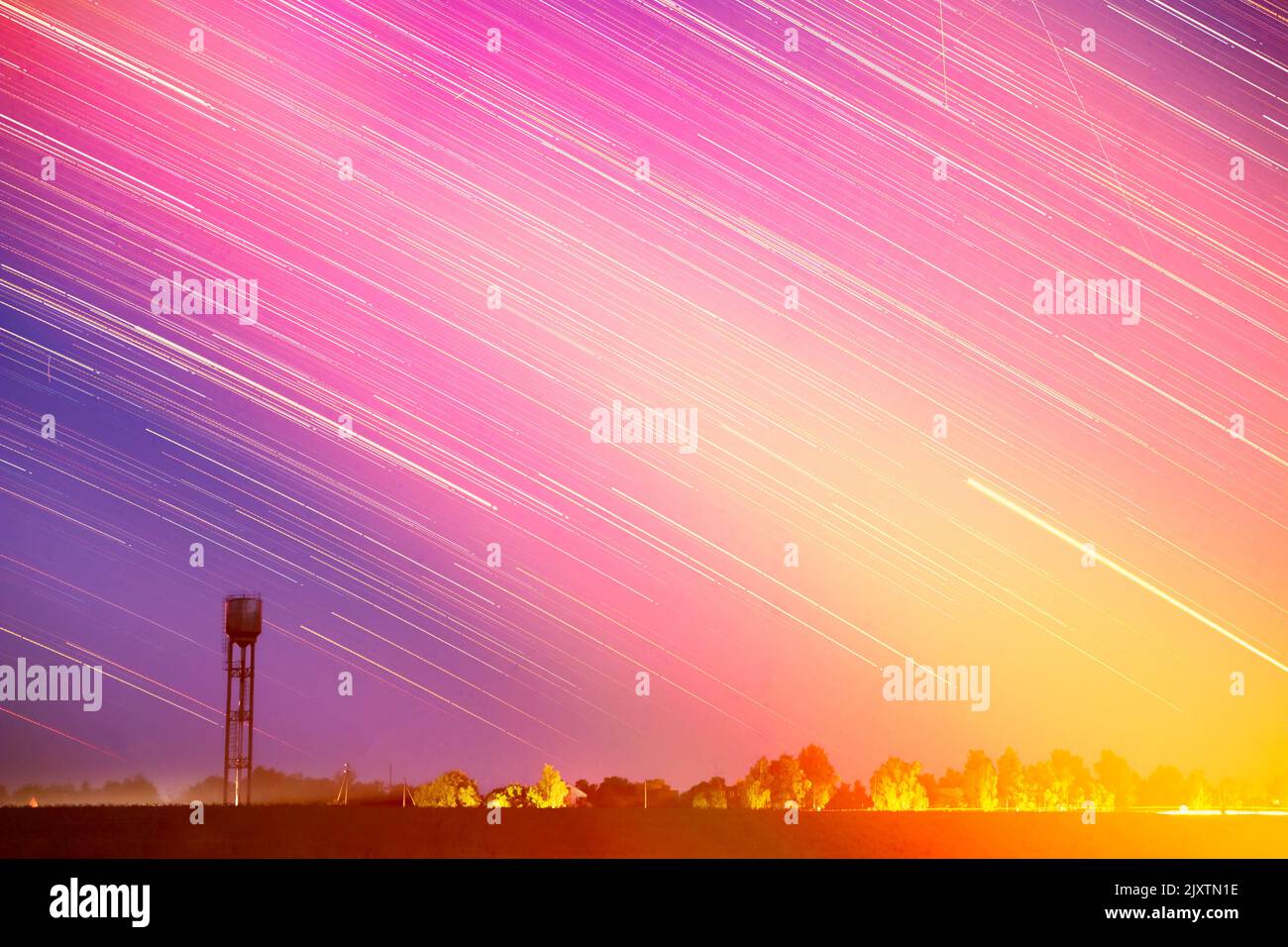 Amazing Unusual Stars Effects In Sky. Stars Lines Move Above Rural ...