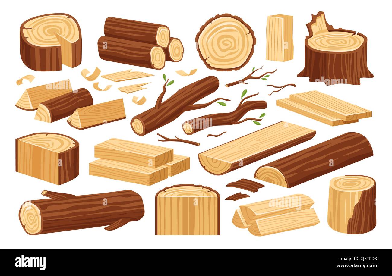 Tree stump, wooden logs and timber materials. Natural lumber, carpentry materials set. Wooden plank, billet. Wood vector Stock Vector