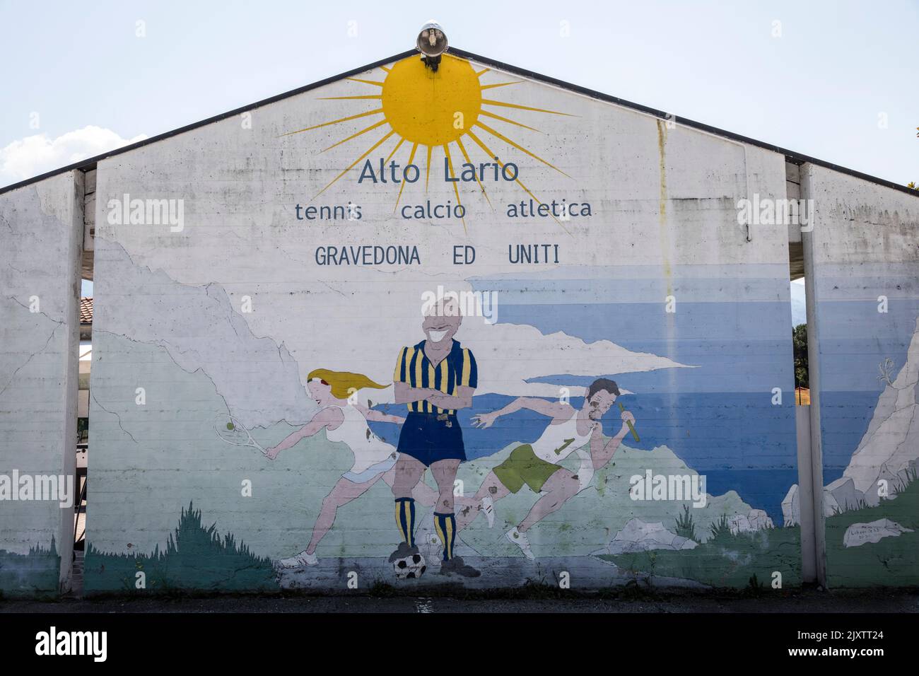 Mural advertising tennis, football and athletics in Gravedona, Italy. Stock Photo