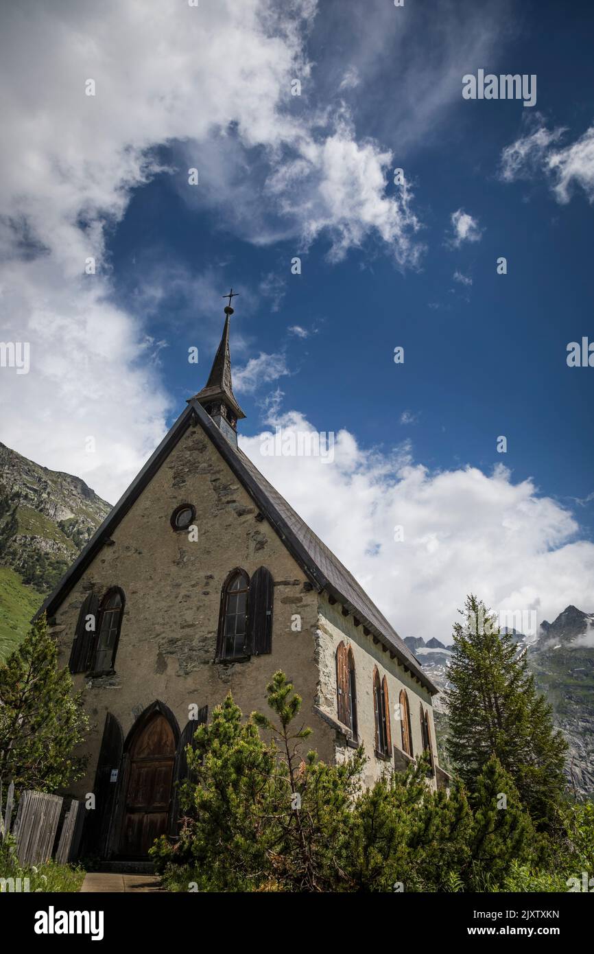 The Anglican Chapel in Gletch dates from 1907, Switzerland. Stock Photo