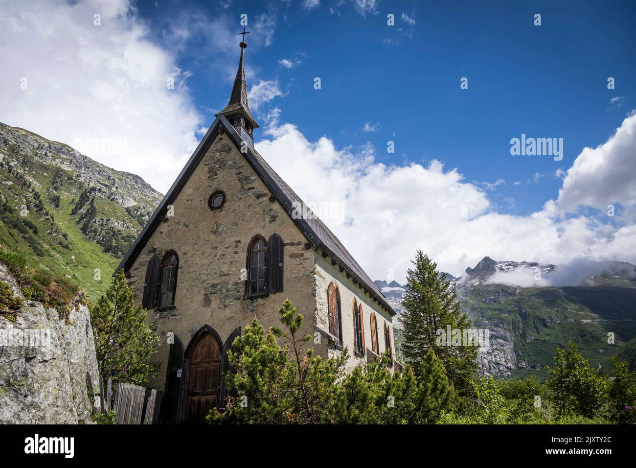 The Anglican Chapel in Gletch dates from 1907, Switzerland. Stock Photo