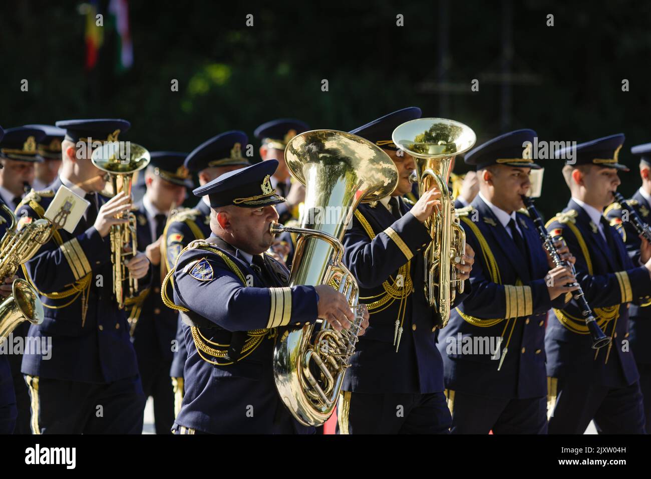 Bucharest, Romania - September 7, 2022: Romanian military band playing during a ceremony. Stock Photo