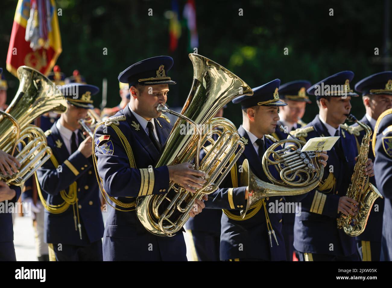 Bucharest, Romania - September 7, 2022: Romanian military band playing during a ceremony. Stock Photo