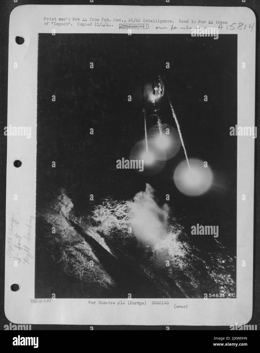 NIGHT ATTACK ON U-BOAT. Dropping flares, an RAF Coastal Command plane ...