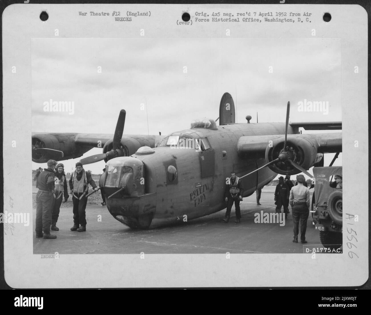 Personnel Of The 458Th Bomb Group Examine The Wreckage Of A Consolidated B-24 (A/C No. 44-110141) Which Crashed As It Came In For A Landing Somewhere In England. 24 July 1944. Stock Photo