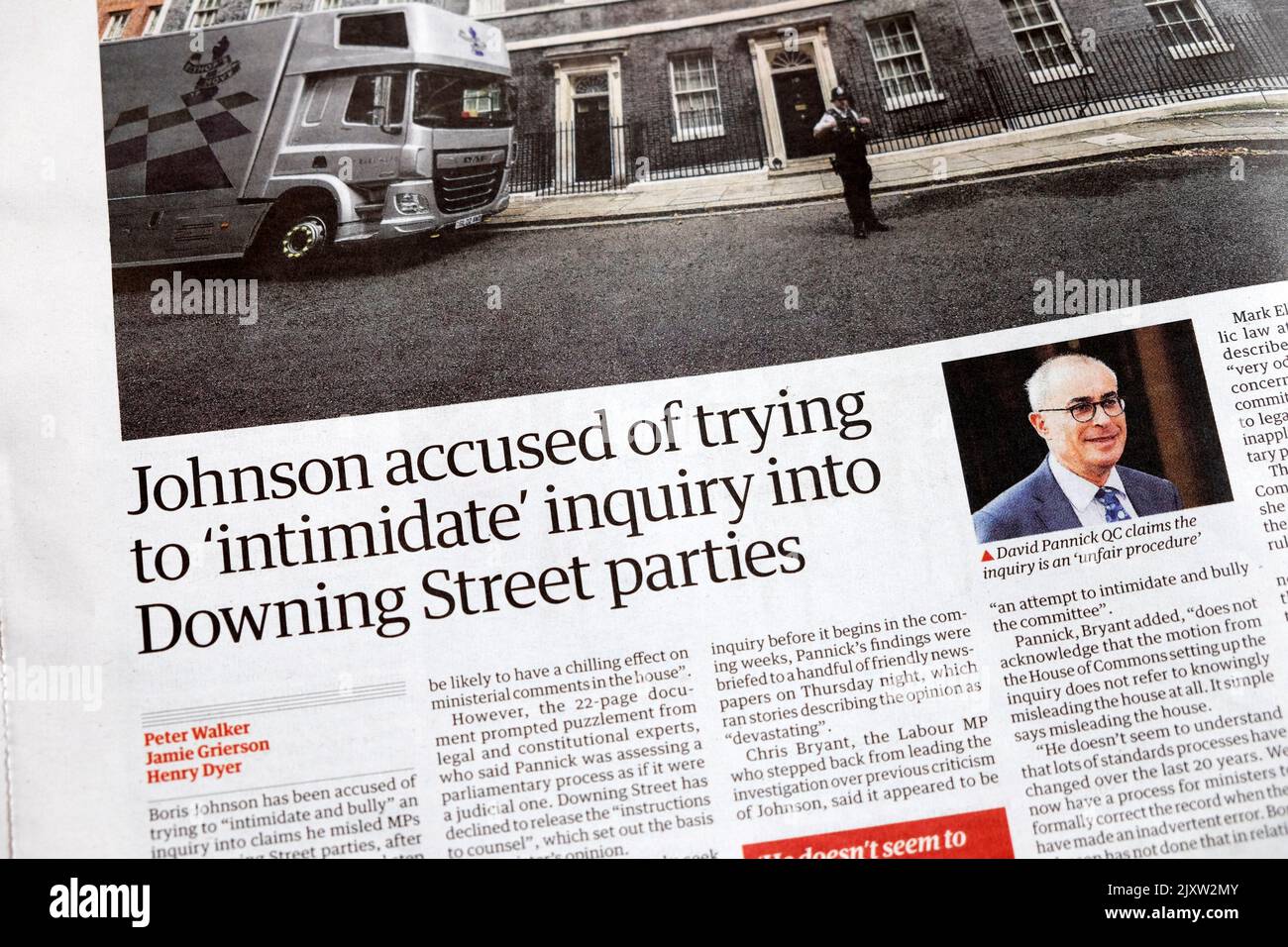 'Johnson accused of trying to 'intimidate' inquiry into Downing Street parties' Guardian newspaper headline 3 September 2022 London England UK Stock Photo