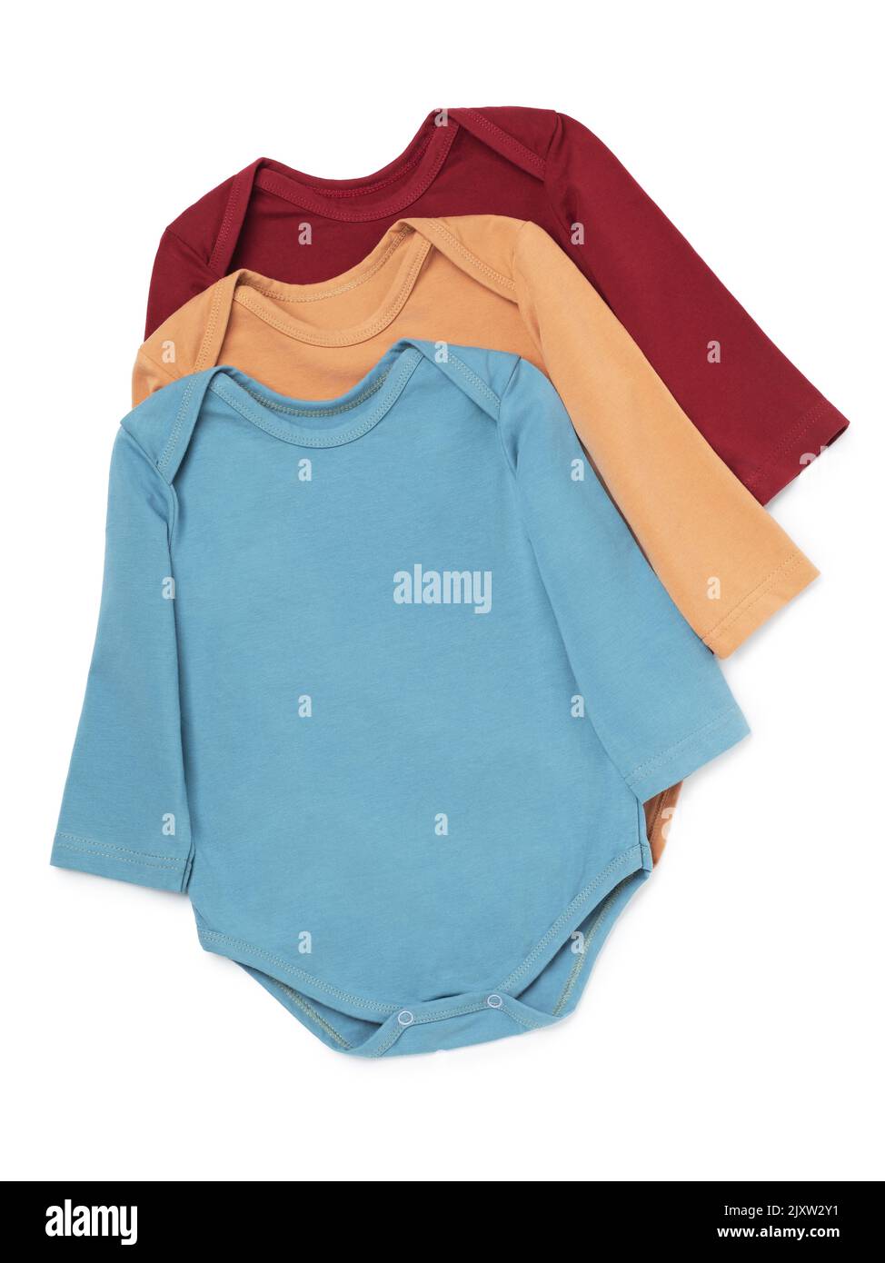Three multi-colored children's bodysuits with long sleeves isolated on a white background Stock Photo