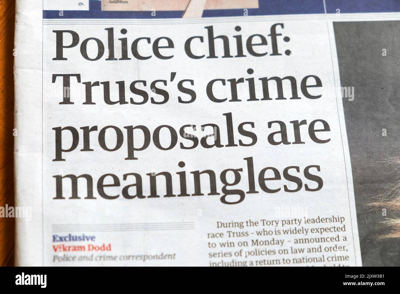 'Police chief: Truss's crime proposals are meaningless' Guardian Liz Truss newspaper headline 3 September 2022 London England UK Great Britain Stock Photo