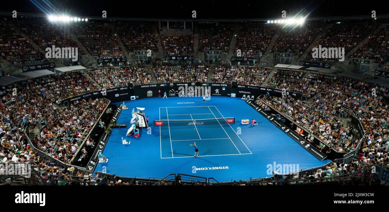 General view of Andreas Seppi of Italy and Alex De Minaur of Australia at  the Sydney International tennis tournament at Sydney Olympic Park Tennis  Centre in Sydney, Saturday, January 12, 2019. (AAP