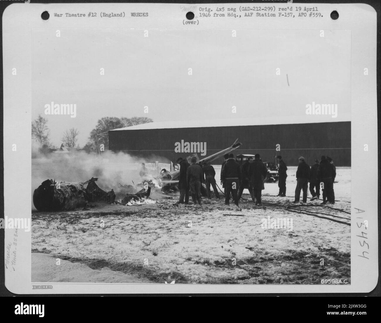 A North American P-51 Of The 353Rd Fighter Group, Burns Furiously After Crashing At Its Base In England On 10 January 1945. Stock Photo