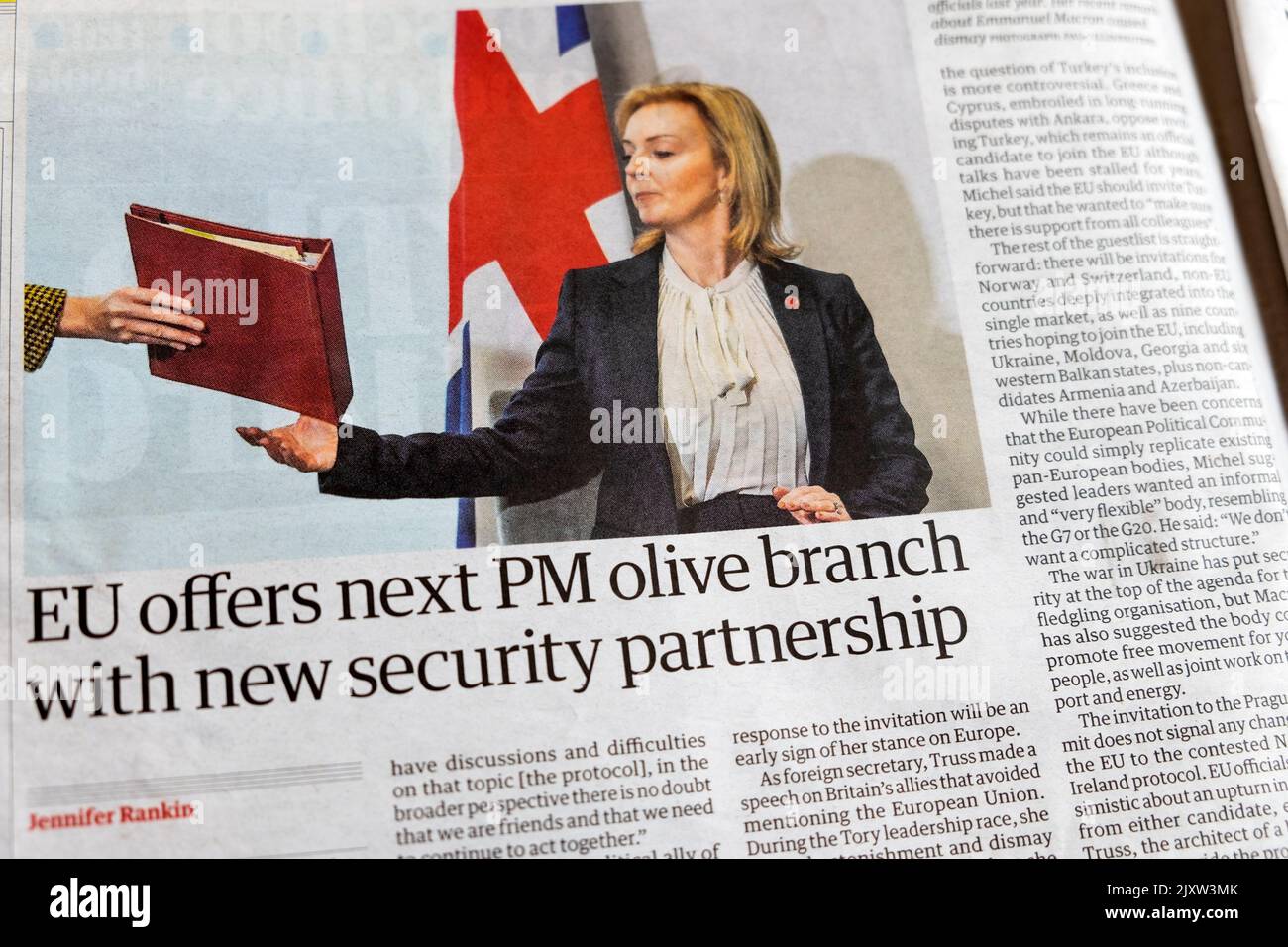 'EU offers next PM olive branch with new security partnership' Guardian newspaper headline article on 3 September 2022 London England UK Great Britain Stock Photo