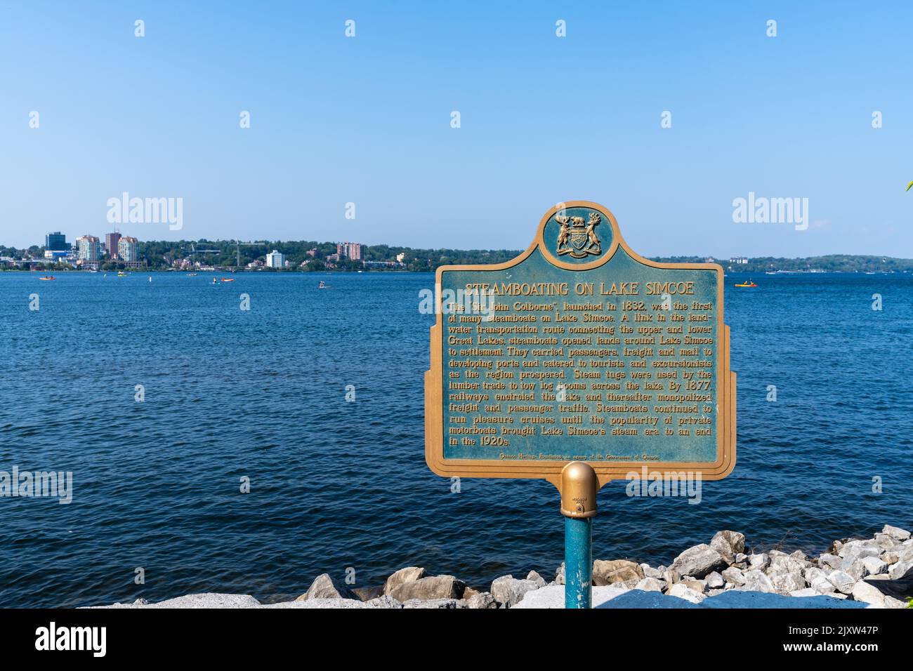 Barrie, Ontario, Canada - July 25 2021 : Steamboating on Lake Simcoe Historical Plaques. Centennial Park, Kempenfelt Bay. Stock Photo