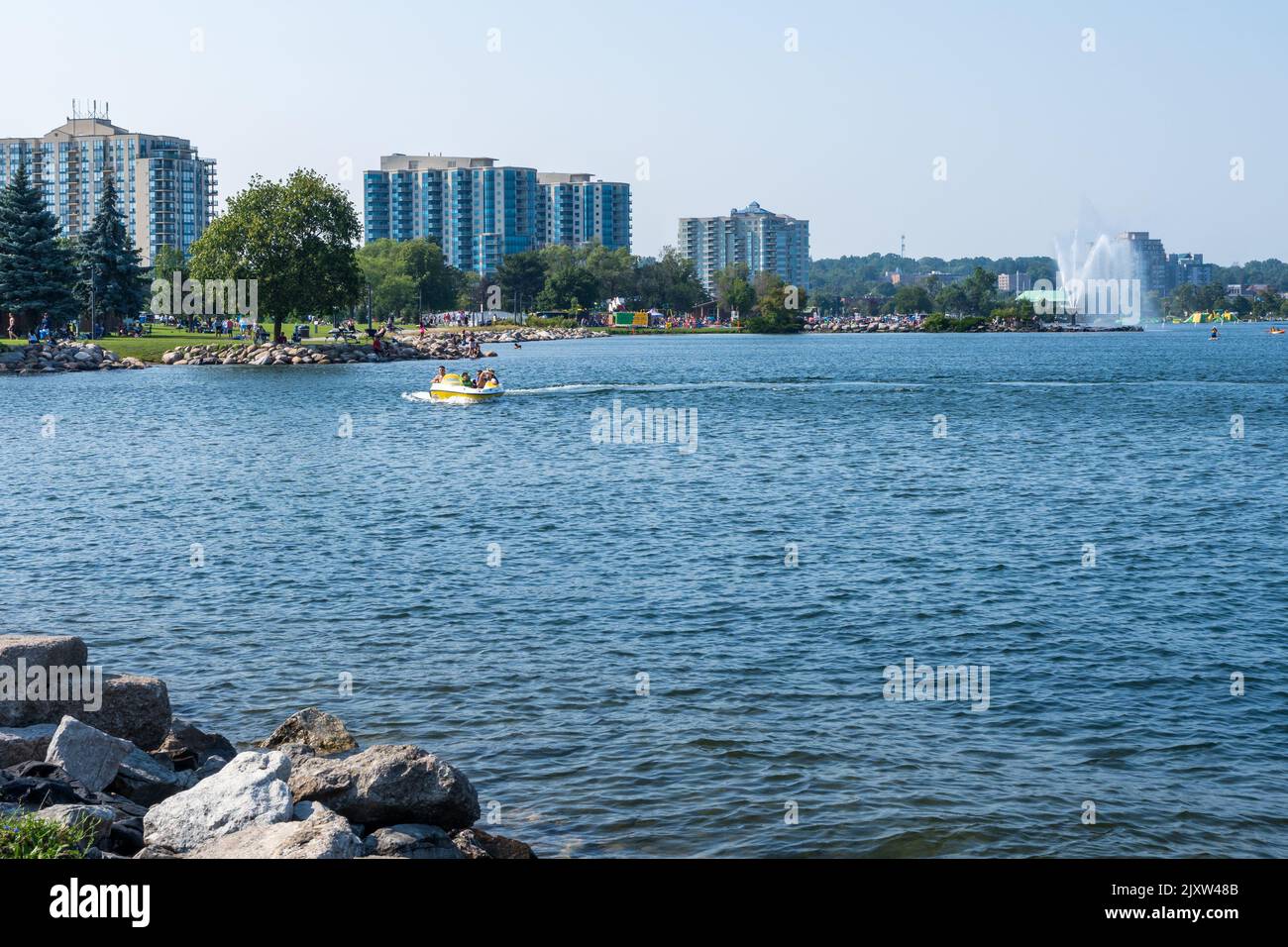 Barrie, Ontario, Canada - July 25 2021 : Downtown Barrie curves around the shore of Kempenfelt Bay, Lake Simcoe in summer time. Stock Photo