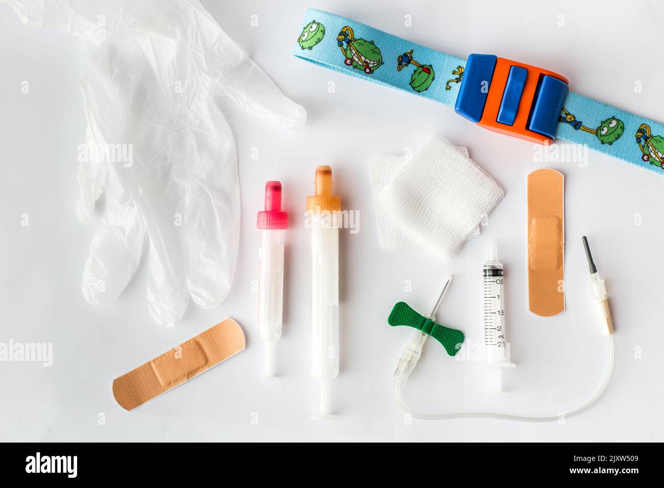 Supplies for a blood test with pediatric tourniquet Stock Photo Alamy