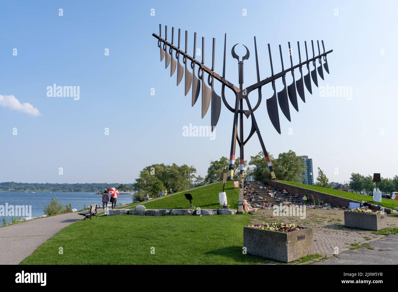 Memorial at The Spirit Catcher for the children of former B.C. residential school. The Sculpture Bird near Kempenfelt Bay. Barrie, Ontario, Canada Stock Photo