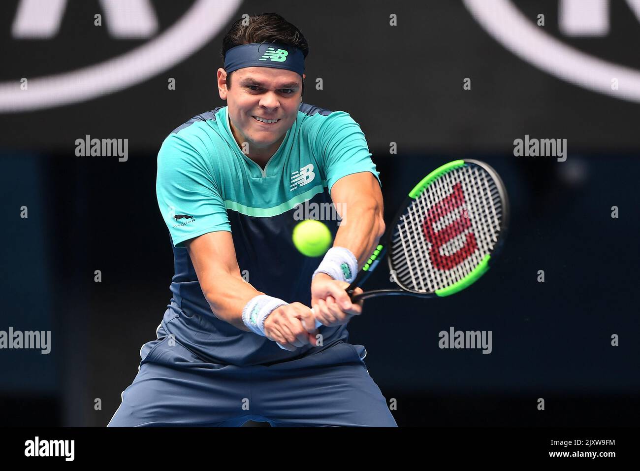 Milos Raonic of Canada in action against Stan Wawrinka of Switzerland  during day four of the Australian Open tennis tournament in Melbourne,  Thursday, January 17, 2019. (AAP Image/Julian Smith Stock Photo - Alamy