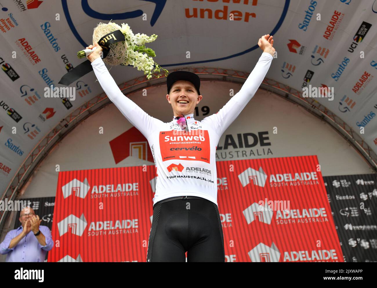 Michael Storer from team Sunweb celebrates after winning the Young