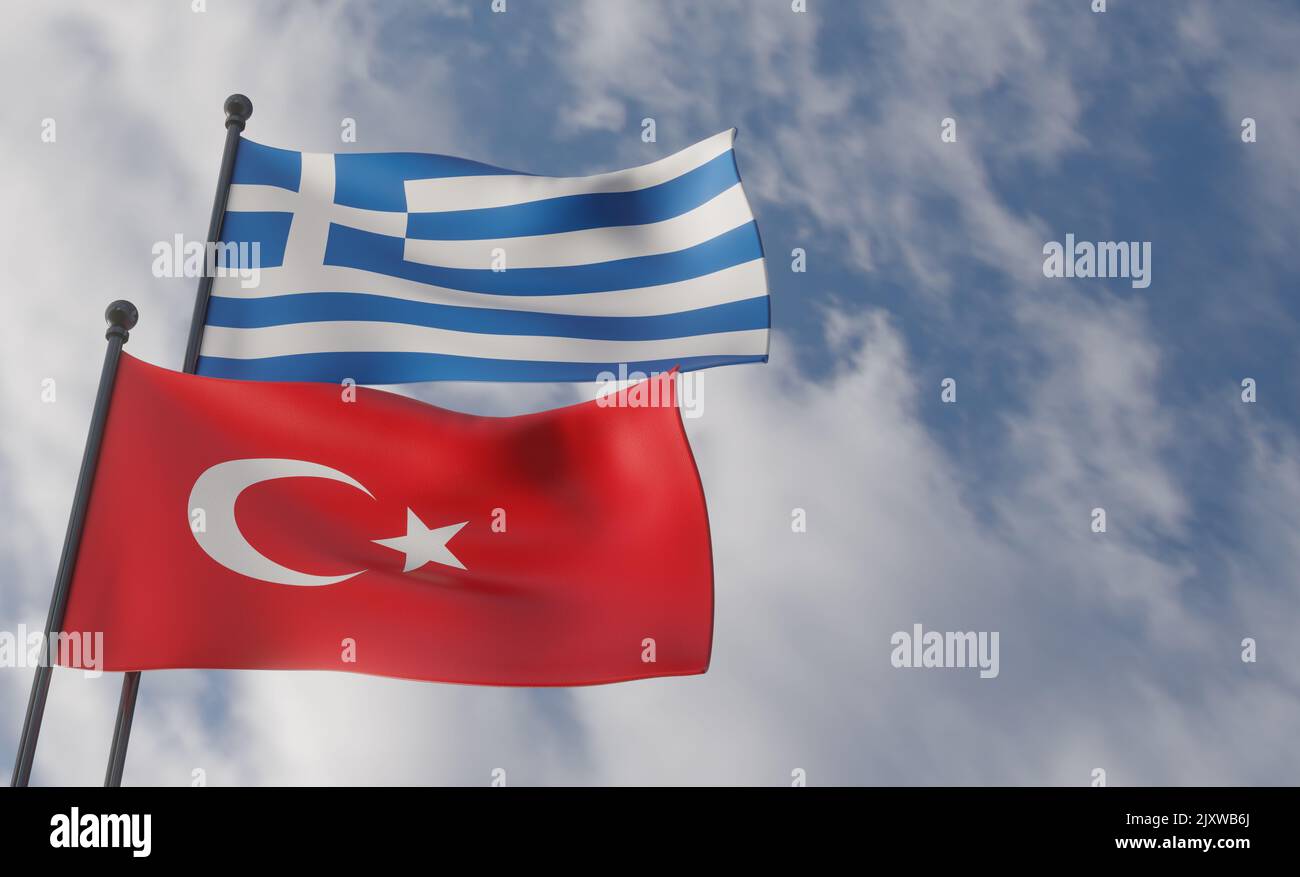Greece and turkey flags, Blue sky flag Greece and flag turkey, war turkey vs Greece, 3D work and