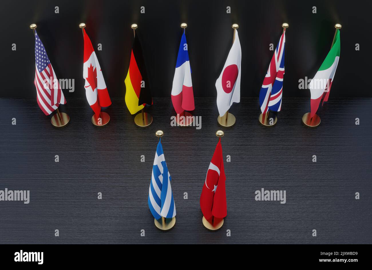 G7 countries against war Greece and turkey, Flags of G7 countries and Greece flag and turkey, Stop war Greece and turkey, 3D work and 3D illustration Stock Photo