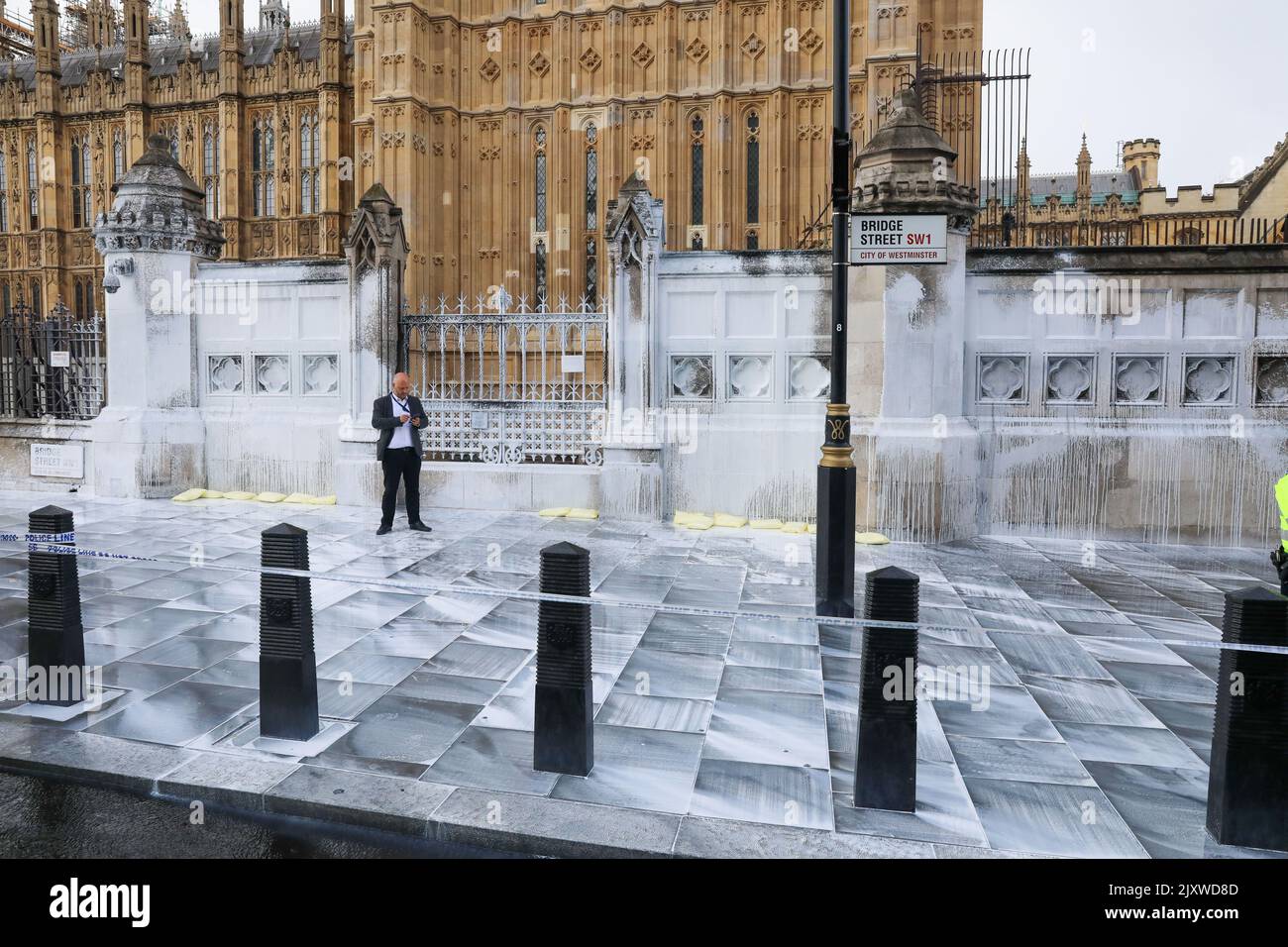 London, UK. 07th Sep, 2022. Members of Animal Rebellion spray paint over the walls of Westminster Palace just outside of Big Ben as they demand a plant-based future. Credit: Lucy North/Alamy Live News Stock Photo