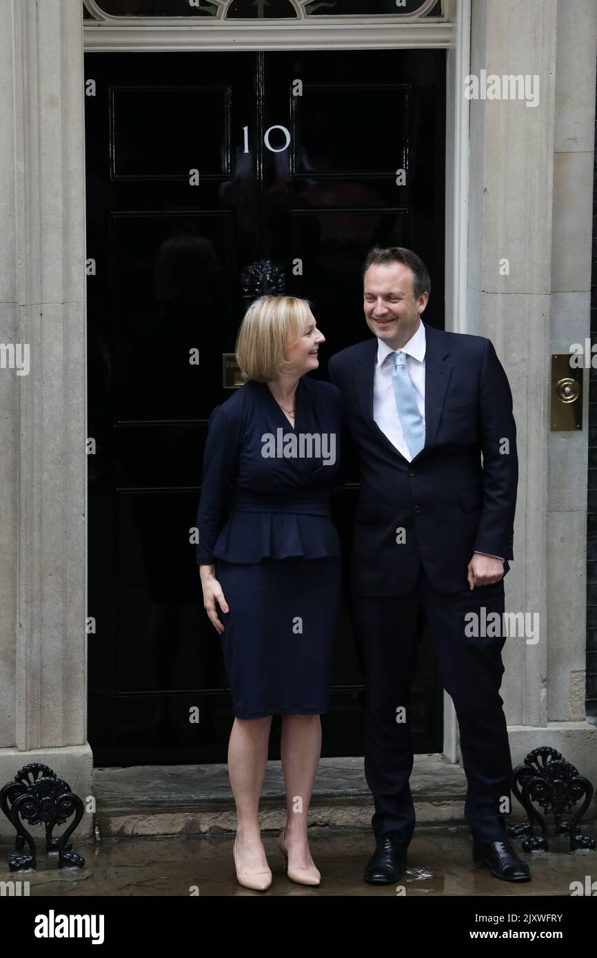 London, UK. 07th Sep, 2022. Liz Truss and husband Hugh O'Leary after she delivered her first speech as prime minister on 6th September 2022 in London. Credit: Lucy North/Alamy Live News Stock Photo